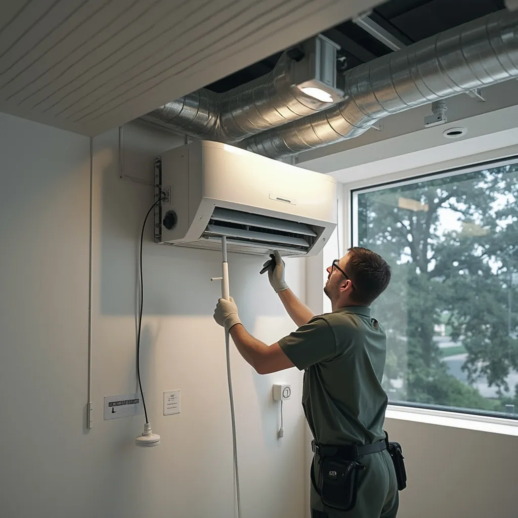 Tím technikov pri kontrole veľkého ventilačného systému v komerčnej budove